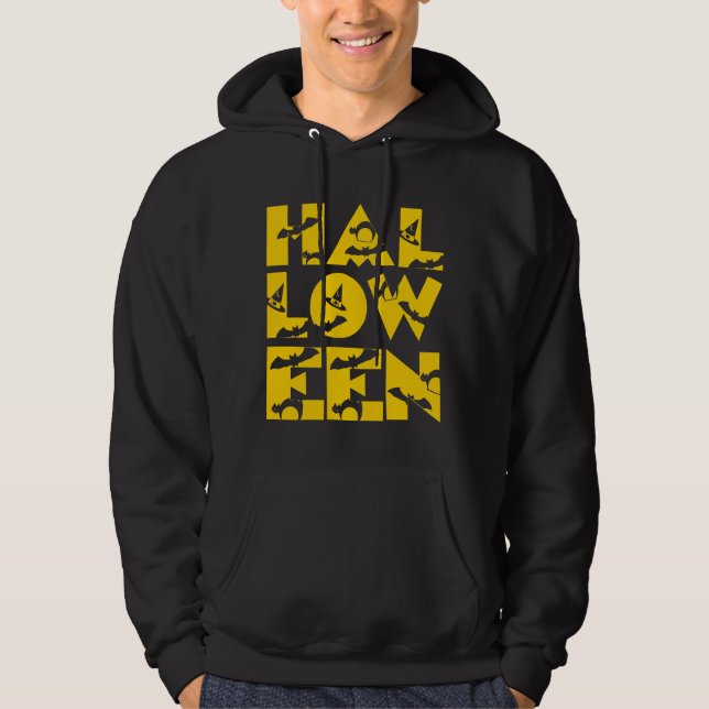 Lusnyare Svart Cat Fladdermus Witch Hat Text Hallo Hoodie (Framsida)