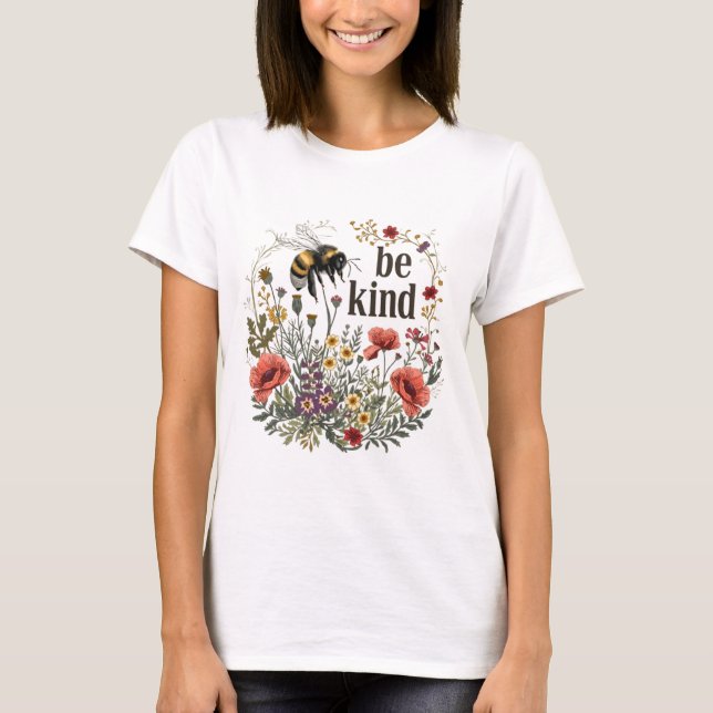 Lusnyare Womens Gift Be Kind Retro Bee & Wildblomm T Shirt (Framsida)