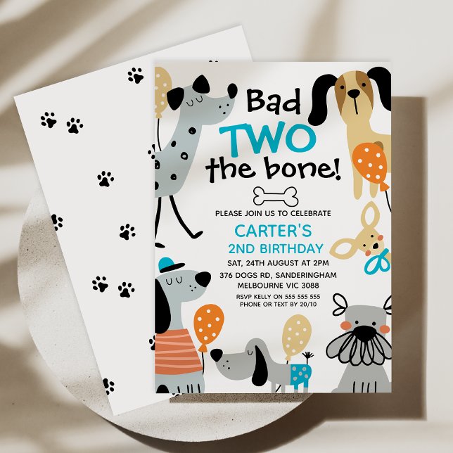Lusnyblått två Hundarna 2:a födelsedagen Inbjudningar (Editable Dog Bad 2 the Bone Birthday Invitation, Bad Two the Bone Birthday Invitation Template, Dogs)