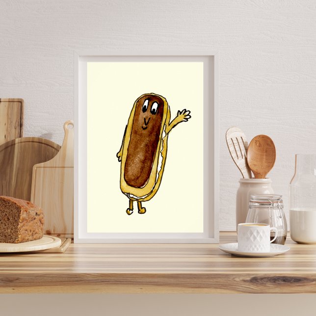 Lusnychoklad Eclair Quirky Cake Tecknad Art Poster (Cute chocolate eclair cartoon art watercolor illustration quirky poster for cake and baking lovers)