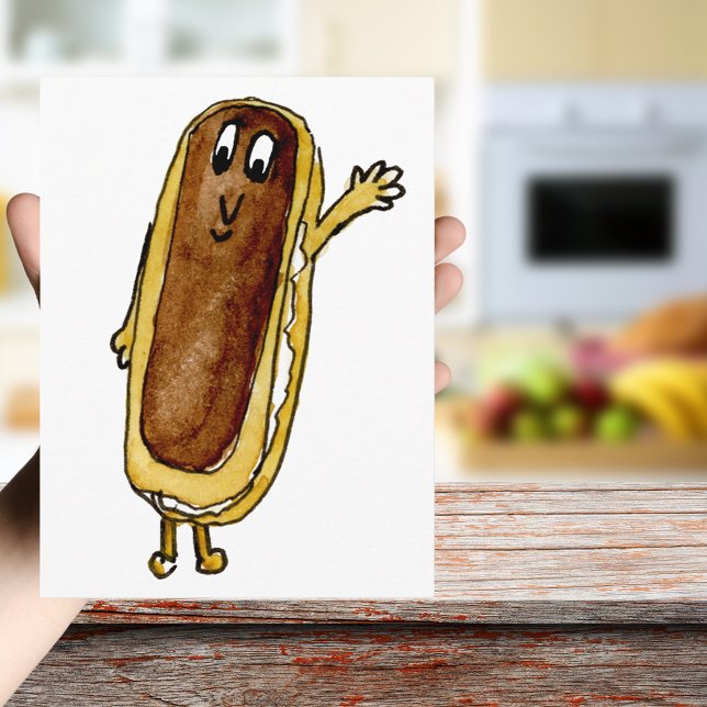 Lusnychoklad Eclair Quirky Cake Tecknad Art Vykort (Cute chocolate eclair cartoon watercolor art cake lovers greetings postcard)
