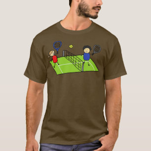 Lusnyck pojke och flicka som spelar tennis på tenn t shirt