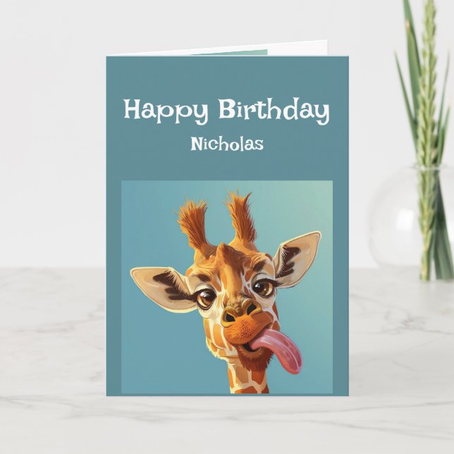 Lusnyfödelsedagsanvisning Giraffe Sticking Tunga u Kort (Framsida)