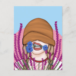 Lusnygg flicka med kornblommor på en läcker fält vykort