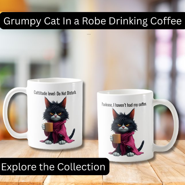LusnyGrumpy cat in a Robe and Coffee Black Cat Kaffemugg (Start your day with a whole lot of mood and just the right amount of caffeine. This hilarious mug fe)