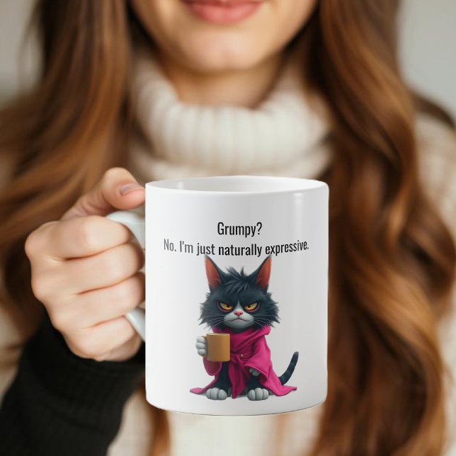 LusnyGrumpy cat in a Robe and Coffee Black Cat Kaffemugg (Funny Cat Mug-Grumpy cat-Cat in a Robe and Coffee-Black Cat Coffee Mug )
