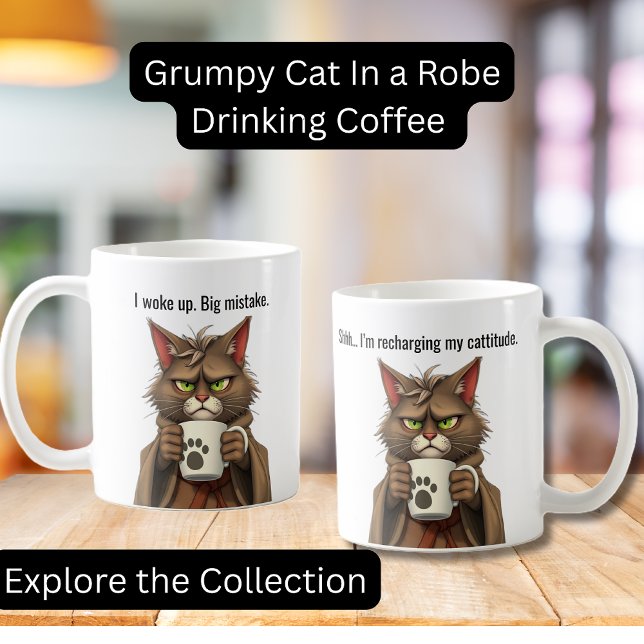 LusnyGrumpy cat in a Robe and Coffee Cat Kaffemugg (Funny Grumpy Cat in a Robe with Coffee.  Perfect gifts, Cat lovers, Coffee Lovers)