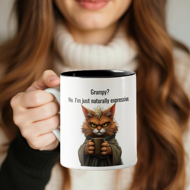 LusnyGrumpy cat in a Robe and Coffee Två-Tonad Mugg (Funny Cat Mug-Grumpy cat-Cat in a Robe and Coffee-Orange Cat Coffee Mug )