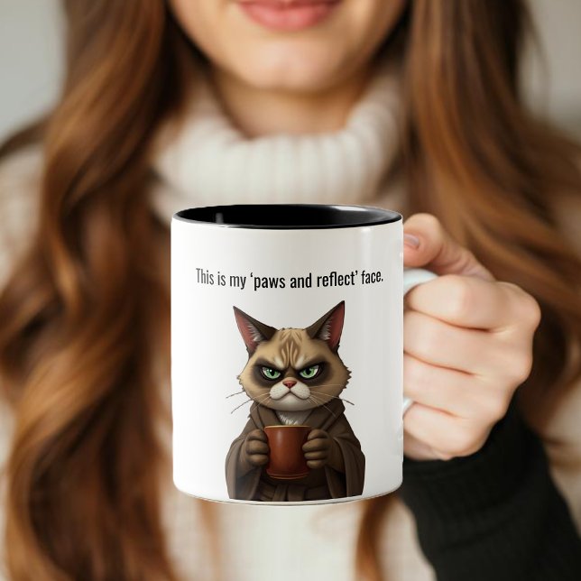 LusnyGrumpy cat in a Robe and Coffee Två-Tonad Mugg (Funny Cat Mug-Grumpy cat-Cat in a Robe and Coffee-Brown Cat Coffee Mug )