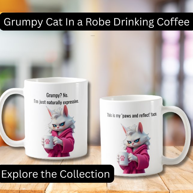 LusnyGrumpy cat in a Robe and Coffee White Cat Kaffemugg (Funny Grumpy Cat in a Robe with Coffee.  Perfect gifts, Cat lovers, Coffee Lovers)