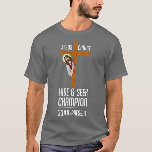 Lusnyj Jesus Kristus Gömmer Seek Champion Atheism T Shirt (Framsida)