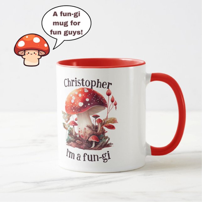 Lusnyj "Roligt-gi"-Orange/Röd svampjokeke Namn Mugg (A fun mushroom mug for the fun-gi in your life!)