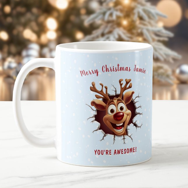 Lusnyj Rudolph bryter igenom Namn Blue-julen Kaffemugg (Funny Rudolph breaking through Name Blue Christmas Coffee Mug)