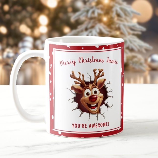 Lusnyj Rudolph bryter igenom Red Namn-julen Kaffemugg (Funny Rudolph breaking through Red Name Christmas Coffee Mug)