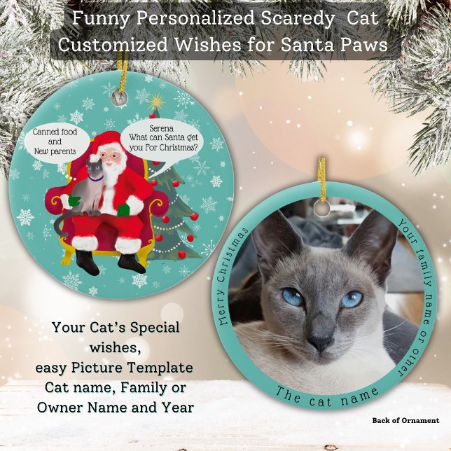 Lusnyj siamesisk kattbesökstomten med Superskoj Ön Julgransprydnad Keramik (Your Siamese cat gives Santa Paws Christmas wish list custom double sided photo template Ornament)