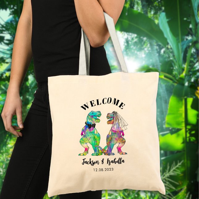 Lusnyj T Rex Bride och Groom Bröllop Välkommen Tygkasse (T-Rex bride and groom colorful dinosaur wedding welcome tote bag)