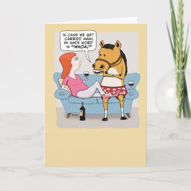 Lusnyj Woman och Horse Drinking Vin Birthday Kort (Framsida)
