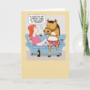 Lusnyj Woman och Horse Drinking Vin Birthday Kort