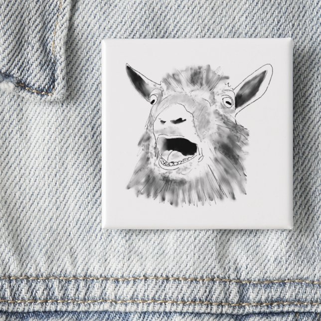 Lusnymning Goat Teckning Quirky Animal Art Knapp (Funny screaming goat drawing button simple black and white farm animal art)