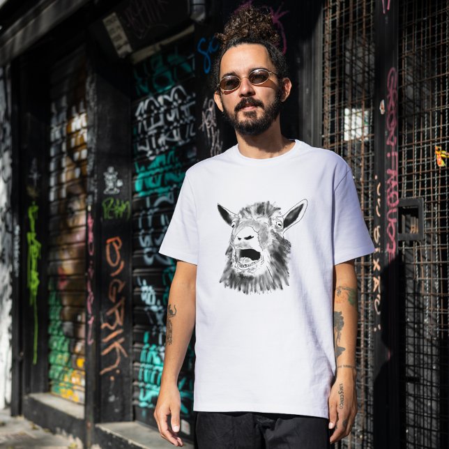 Lusnymning Goat Teckning Quirky Animal Art Tröja (screaming goat funny cool black and white sketch drawing T-shirt by artist Catherine Sweetman )