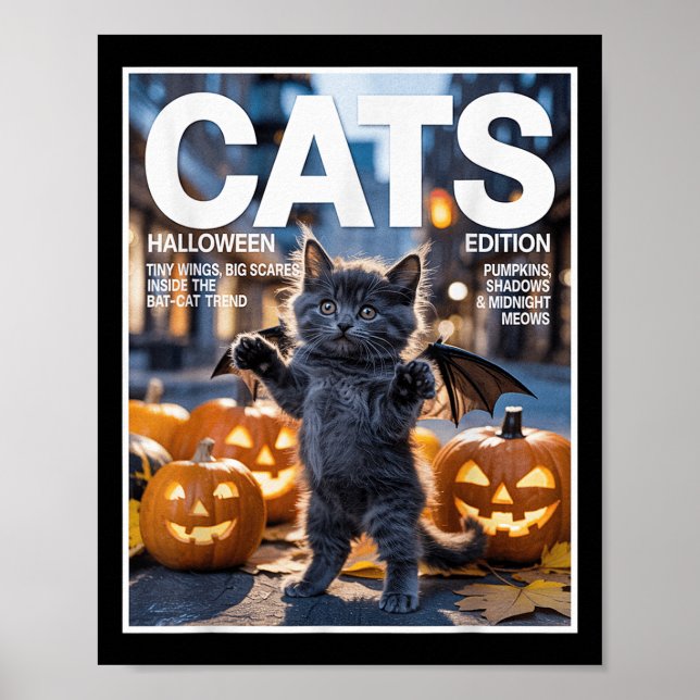Lusnysvart katt i Fladdermus Costume Cute Hallowee Poster (Framsidan)