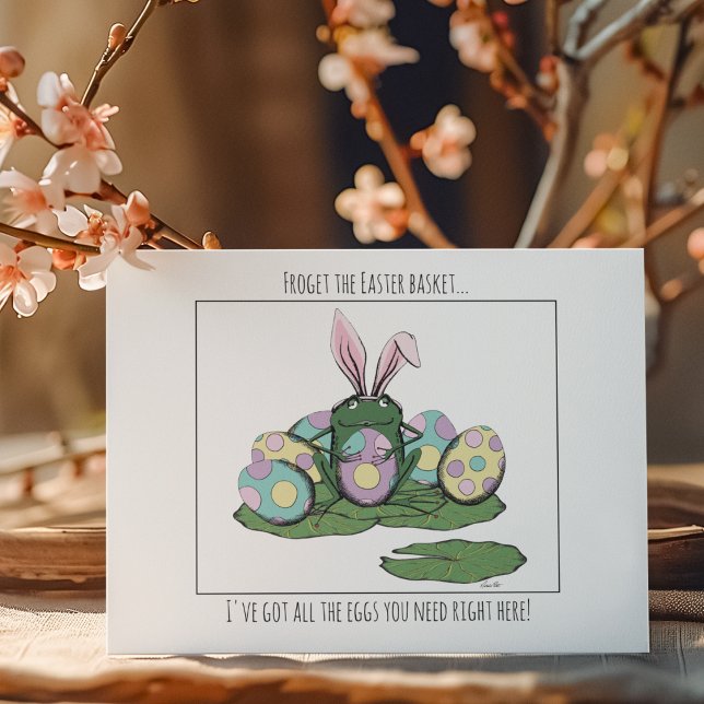 Lusnyt Frog Bunny, Eggs & Påsk Basket Påsk-kort Kort (Funny Froget the Easter Basket Card. Hand Drawn Humorous Easter Card. Green Frog with Colorful Eggs )