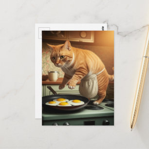 Lusnyttigt Cute Ginger Cat Cooking Eggs for Breakf Vykort