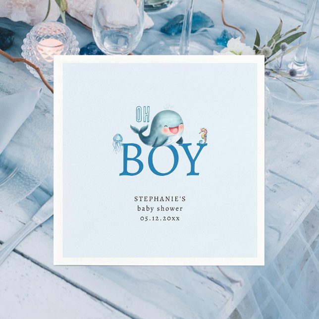 Lusnyval under Sea Watercolor Boy Shower Pappersservett (cute whale under the sea boy baby shower personalized napkin watercolor beach ocean seaside)