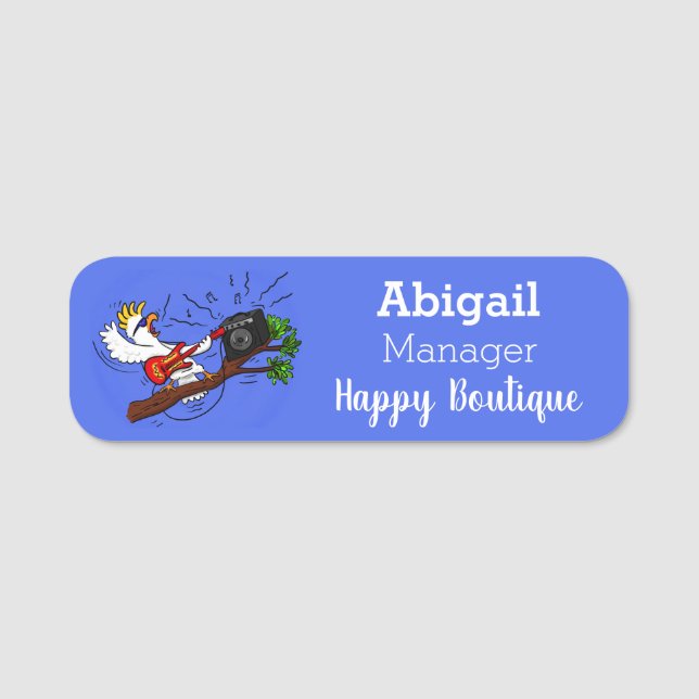 Lustig cockatoo som spelar sten guitar tecknad namnbricka (Framsida)