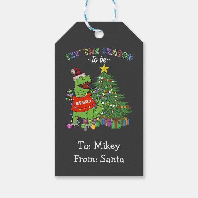 Lustig Dinosaur-jul Tis Season Naughty Presentetikett (Framsidan)