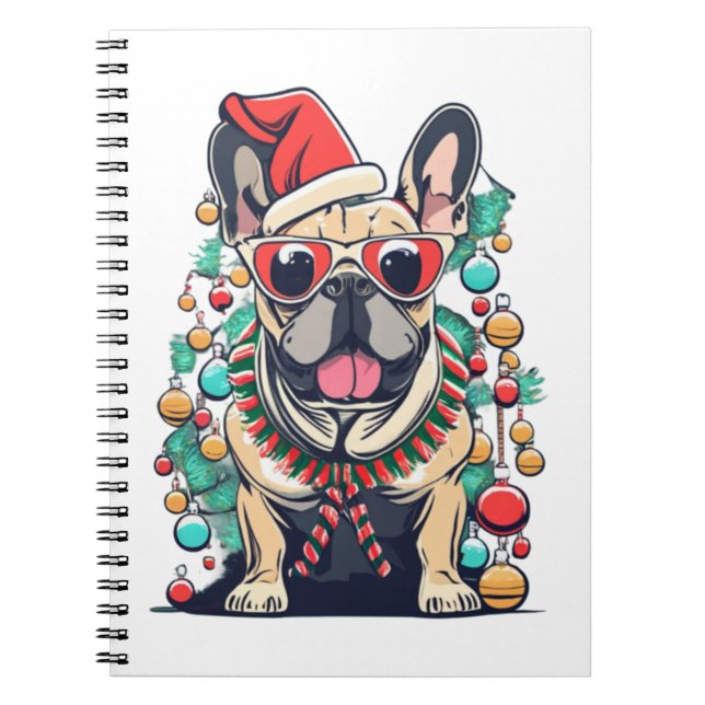 Lustig Fransk Bulldog Hund Träd jul Ljus Xma Anteckningsbok (Framsidan)