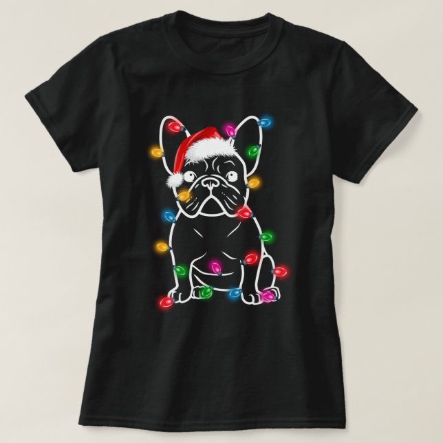 Lustig Fransk Bulldog Hund Träd jul Ljus Xma T Shirt (Design framsida)