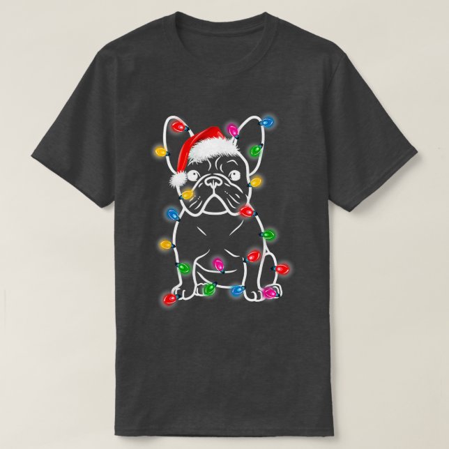 Lustig Fransk Bulldog Hund Träd jul Ljus Xma T Shirt (Design framsida)