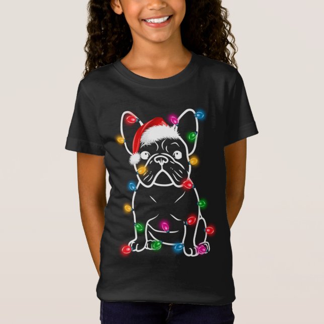 Lustig Fransk Bulldog Hund Träd jul Ljus Xma T Shirt (Framsida)