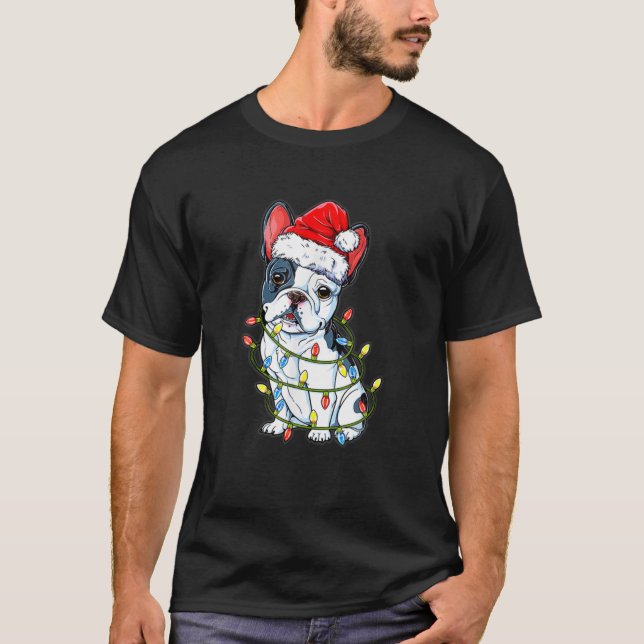 Lustig Fransk Bulldog Hund Träd jul Ljus Xma T Shirt (Framsida)