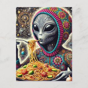 Lustig Funky Alien Eating Spaghetti Vykort