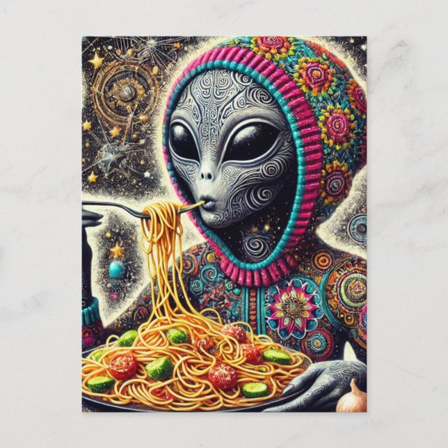 Lustig Funky Alien Eating Spaghetti Vykort (Framsida)