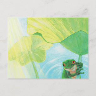 Lustig Grönt Frog under Lily Pad Vykort