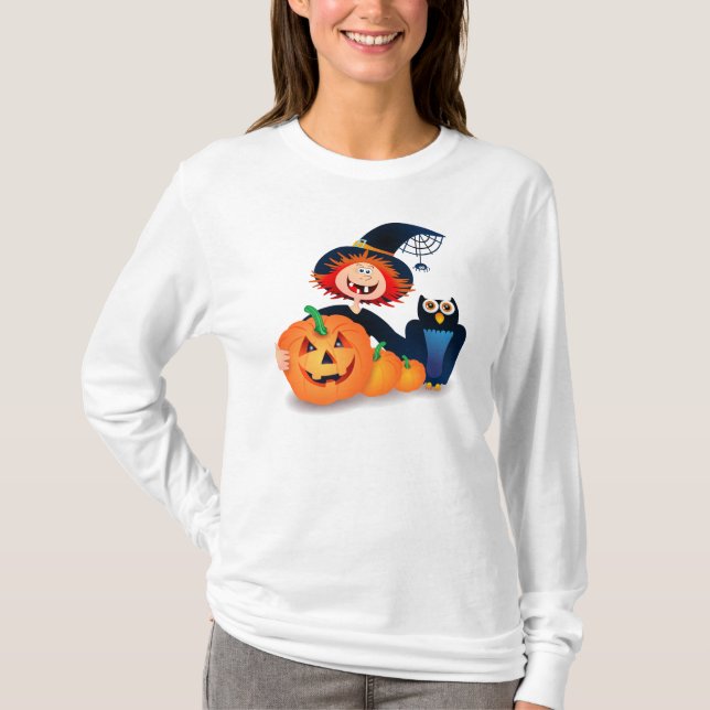 Lustig häxa med uggla och pumpor tee shirt (Framsida)