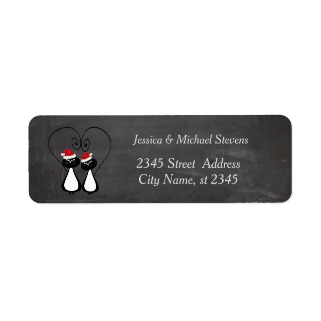 Lustig helgdag tecknad Santa cat par chalkboard Returadress Etikett (Framsidan)