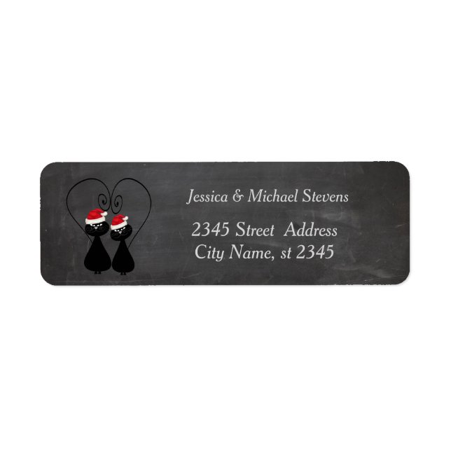 Lustig helgdag tecknad Santa cat par chalkboard Returadress Etikett (Framsidan)