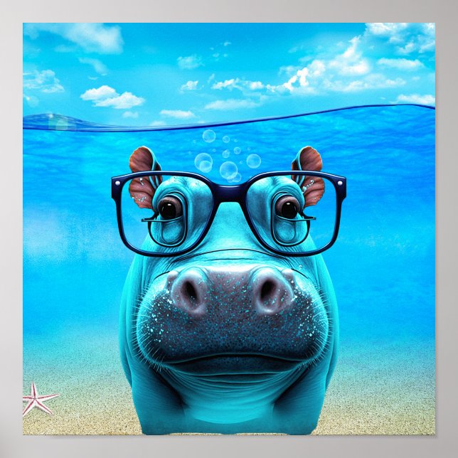 Lustig Hippo med glasögon Hippopotamus Zoo Animal Poster (Framsidan)