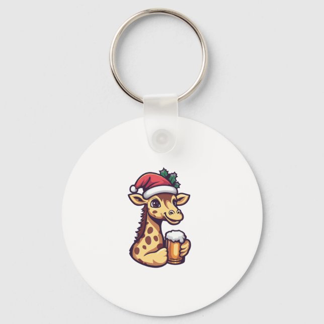 Lustig jul-Giraffe med öl-Tecknad Nyckelring (Framsida)