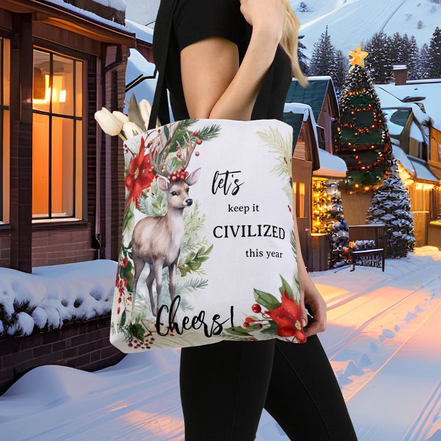 Lustig jul-Hjort Tygkasse (Cute funny Christmas tote bag featuring a watercolor design with a deer, festive Poinsettia and pine)