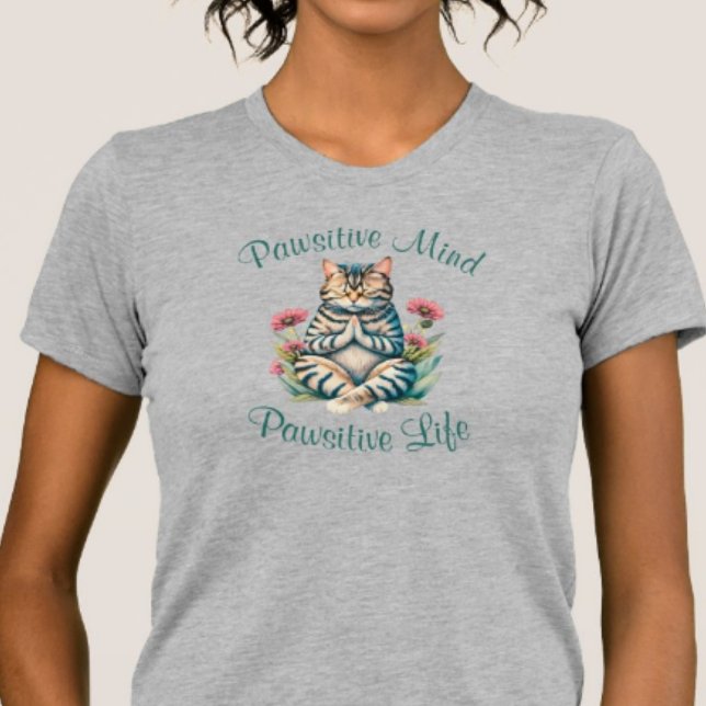 Lustig meditation Cat inspirationsinriktad, positi T Shirt (Cute Funny Meditating Cat Positive Mind Positive Vibes, Watercolor Design with Flowers and Leaves)