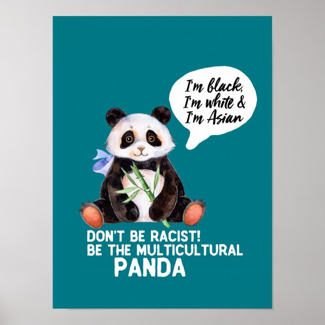 Lustig panda mot rasism, svart vit och asiatisk poster (Framsidan)