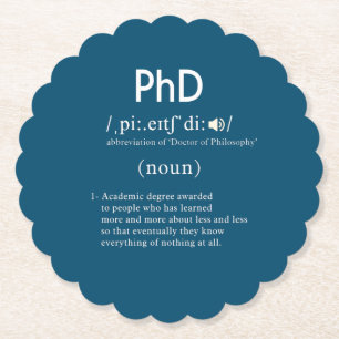 lustig phd-definition som skalats runt underlägg papper