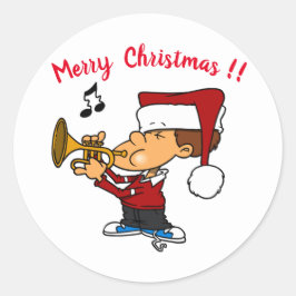 Lustig pojke i Santa Hat Blowing Horn jul Runt Klistermärke