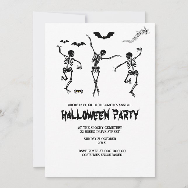 lustig pookisk svart och vit halloween inbjudningar (Framsida)