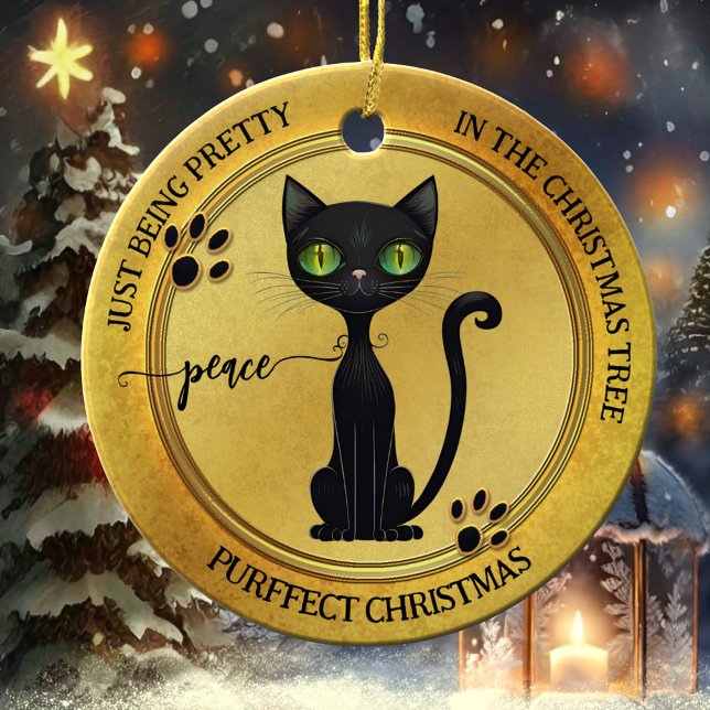 Lustig Söt Black Kattunge Guld jul Julgransprydnad Keramik (Elegant artistic Christmas ornament featuring a cute black kitty on pretty gold)
